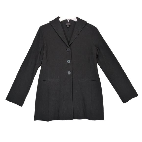 EILEEN FISHER Women's XS Black Textured Waffle Knit 3-Button Jacket Peacoat - Picture 1 of 6